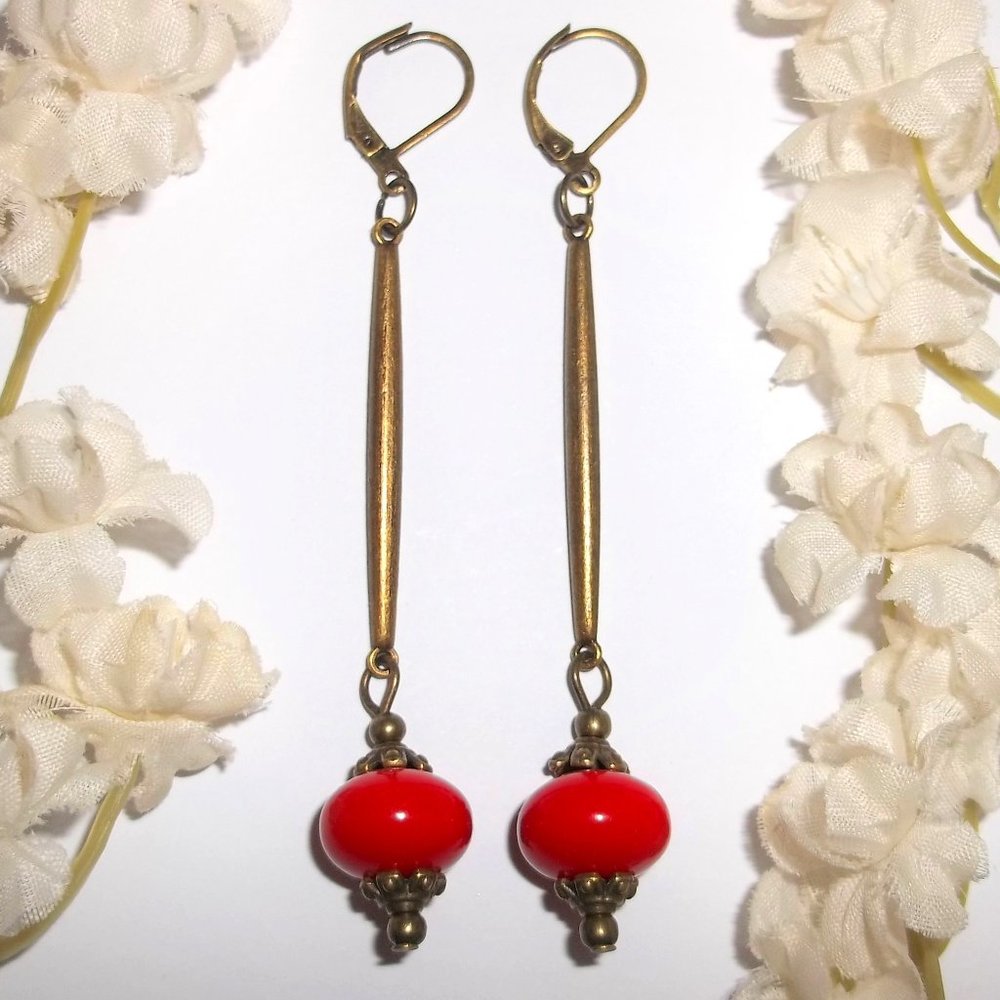 Long Earrings Red & Bronze Bohemian Style Boho Woman Casual or Dress Up 6646